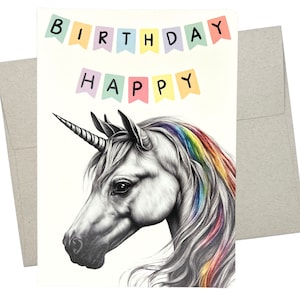 Unicorn Birthday Card (1 Premium Folded Card, Blank Inside, 5X7 Inches) Cute rainbow unicorn birthday card for girls - 638
