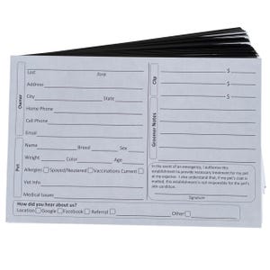 May include: A gray and white pet grooming appointment card with sections for owner and pet information, including name, address, phone number, breed, weight, allergies, and grooming notes. The card also includes a section for the owner to authorize emergency treatment for their pet.
