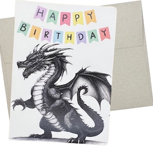 Dragon Birthday Card, Dragon Happy Birthday Card (1 Premium Quality Folded Card, Blank Inside, 5X7 Inches) - 475
