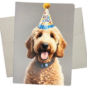 Goldendoodle Birthday Card (1 Premium Card, 5X7 Inches, Blank Inside) Happy Goldendoodle wearing a birthday hat at a party - 641