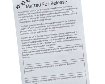 Dog Grooming Matted Fur Release Forms (Pad of 100, 5.5 X 8.5 Inches) Dog Groomer Forms addressing mats for Grooming Salon