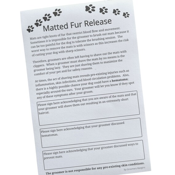 Dog Grooming Matted Fur Release Forms pad of 100 5.5 X 8.5 Etsy