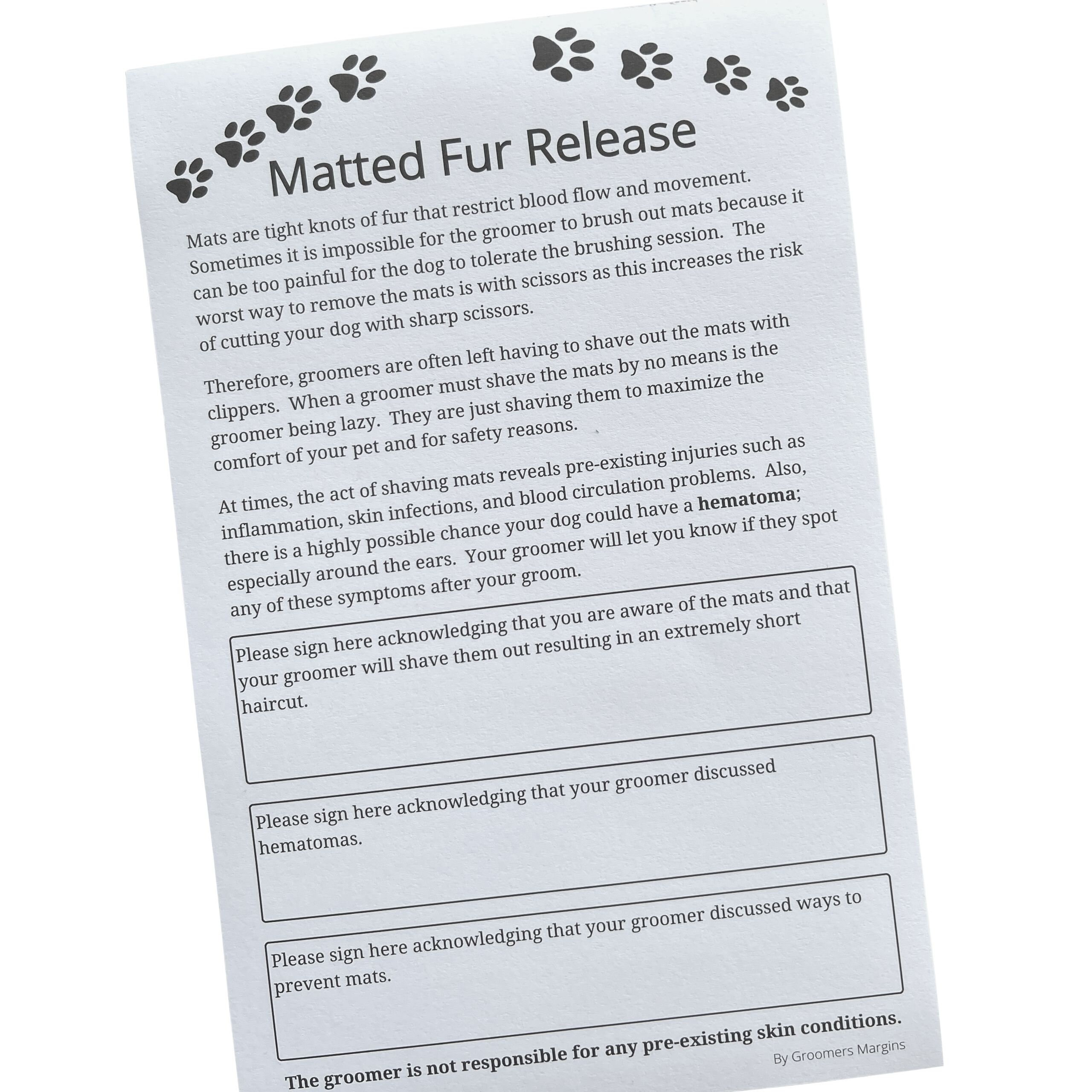 Dog Grooming Matted Fur Release Forms pad of 100, 5.5 X 8.5 Inches Dog