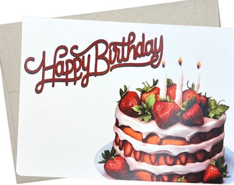 Strawberry Birthday Cake Card, Happy Birthday Card with Strawberry Cake (1 Premium Card, 5X7 Inches) for a strawberry birthday party - 626