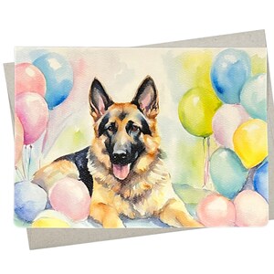 May include: A watercolor painting of a German Shepherd dog surrounded by colorful balloons. The dog is sitting with its tongue sticking out and looking at the viewer. The balloons are in shades of pink, blue, yellow, and green.