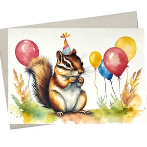 May include: A watercolor painting of a chipmunk wearing a colorful party hat and surrounded by balloons. The chipmunk is sitting on a grassy patch with fall leaves and a white background.