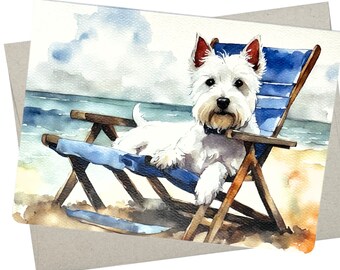 Westie Beach Birthday Card, Bulldog Retirement Card (1 Premium Card, 5X7 Inch) west highland terrier card - 769