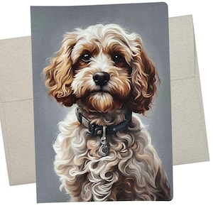 May include: A close-up portrait of a brown and white curly-haired dog with a black collar and a silver tag. The dog is looking directly at the camera with a serious expression.