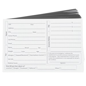 May include: A white grooming appointment card with sections for pet and owner information, including name, address, phone number, breed, color, and allergies. The card also includes a section for groomer notes and a signature line.