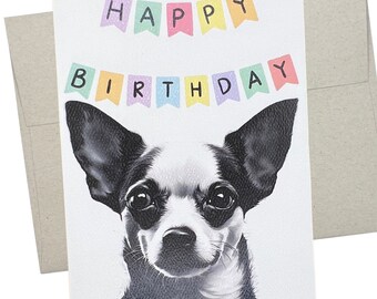 May include: A white and black chihuahua with big brown eyes looks at the camera. A colorful banner above the dog reads "Happy Birthday".