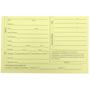 May include: Yellow pet grooming appointment card with fields for owner and pet information, including name, address, phone number, breed, weight, color, sex, age, allergies, vet info, medical issues, and grooming notes. The card also includes a section for how the owner heard about the business, with options for Google, Facebook, and referral.