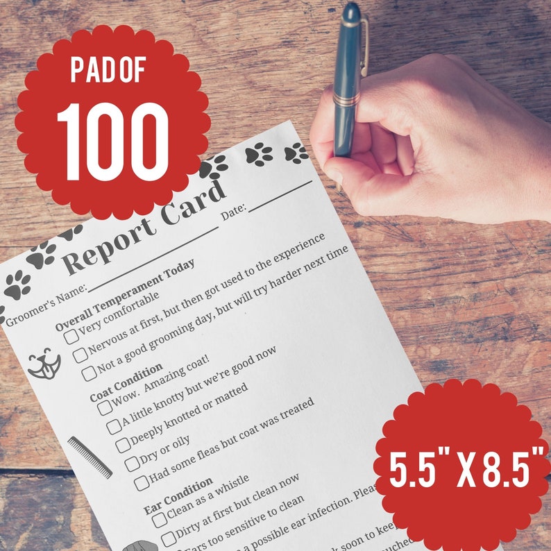 Dog Grooming Report Cards pad of 100, 5.5 X 8.5 Inches Pet Groomers