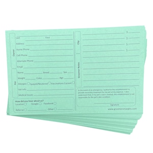 May include: A stack of light green pet grooming appointment cards with fields for owner information, pet information, and groomer notes. The cards have a section for the groomer to note the clip style and a section for the owner to indicate how they heard about the business. The cards also include a signature line and the website address for the business.