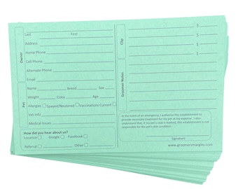 Green Dog Grooming Cards (100 Pack 8 X 5 inch) Groomer Client Profile Service Record Clip Card for Professional Pet and Cat Groomers