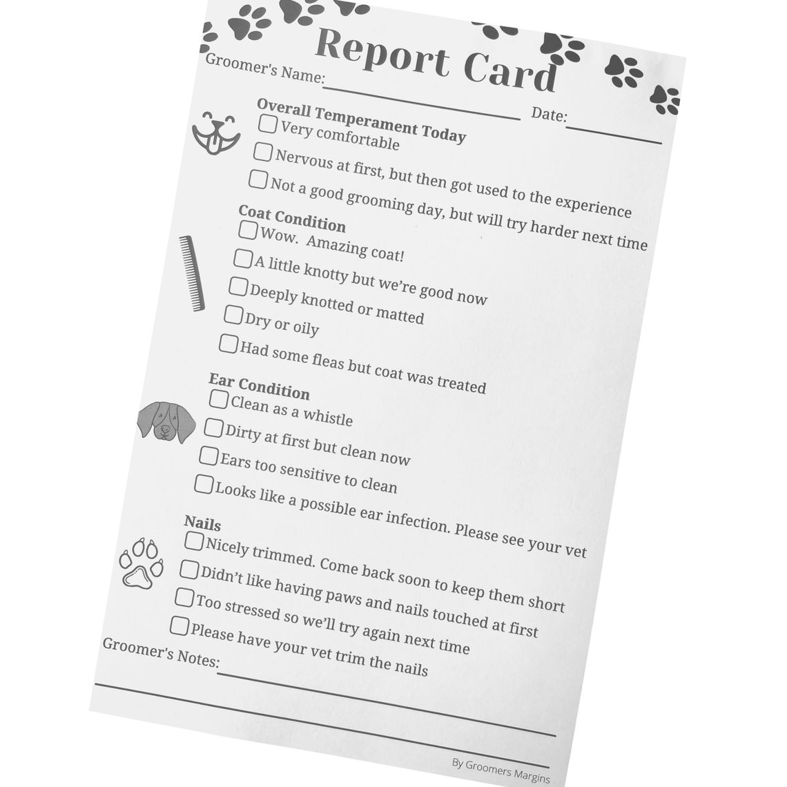 Dog Grooming Report Cards pad of 100, 5.5 X 8.5 Inches Pet Groomers