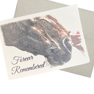May include: A sympathy card with a black and white pencil drawing of a horse's head. The text "Forever Remembered" is printed in black cursive font.