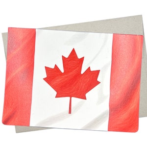 May include: A red and white Canadian flag with a red maple leaf in the center. The flag is drawn with a textured, pencil-like style.