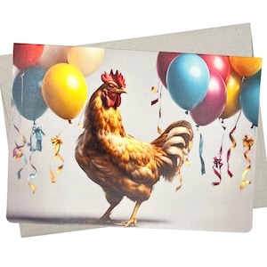 Chicken Birthday Card (1 Premium Card, 5X7 Inches, Blank Inside) Happy Chicken with Birthday Balloons ready for a party - 698