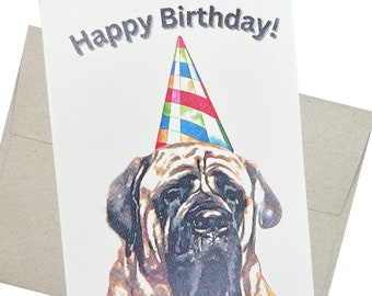 English Mastiff Birthday Card, Dog Party Hat (5x7 with Envelope)