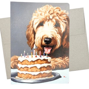 Goldendoodle Dog Birthday Card (1 Premium Card, 5X7 Inches, Blank Inside) Happy Goldendoodle and Birthday Cake ready for a party - 643