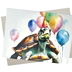 May include: A watercolor painting of a turtle wearing a colorful party hat with a red and white polka dot pattern. The turtle is surrounded by colorful balloons, including pink, blue, green, and yellow.
