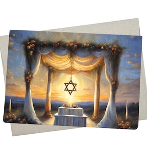 May include: A painting of a traditional Jewish wedding ceremony, featuring a chuppah decorated with flowers and a Star of David hanging from the top. The ceremony is taking place outdoors at sunset, with a table and candles in the foreground.