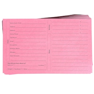 Roze Stylist-klantenrecordkaarten (100 per verpakking, 5X8 Inch) Voor kappers, massage, cosmetologie.