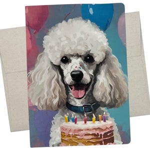 May include: A white poodle with a pink nose and a blue collar is holding a pink and brown birthday cake with lit candles. The background is a blue and pink watercolor design with balloons.