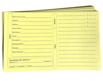 Tarjetas de registro de clientes de estilista amarillas (100 por paquete, 5 x 8 pulgadas) para peluqueros, masajes y cosmetología.
