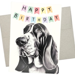 Basset Hound Card, Dog Birthday Card (1 Premium Folded Card, Blank Inside, 5X7 Inch) Cute Basset Hound birthday card from dog - 640