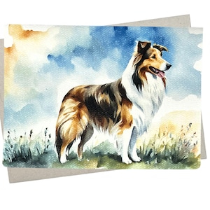 May include: Watercolor painting of a brown and white Shetland Sheepdog standing in a field of green grass with a blue sky and white clouds in the background.