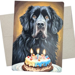 May include: A black dog with brown eyes looks at a chocolate cake with colorful sprinkles and three lit candles on top.
