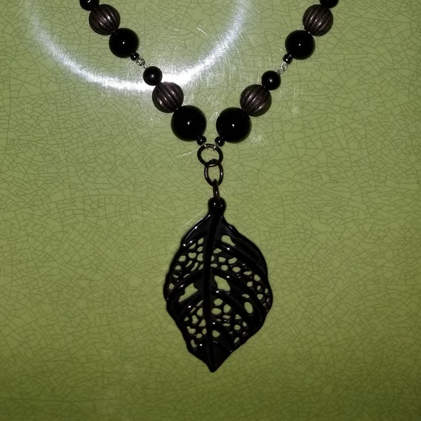 Black Necklace, Black and Silver Necklace with 2-1/2 inch Black Leaf Pendant, 24 inch w/o pendant, Matinee Length, with Matching Earrings