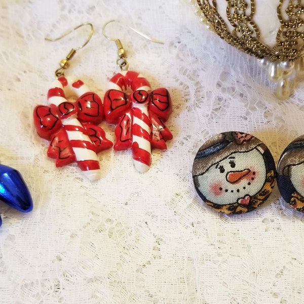 Christmas Vintage Playful Earrings 3 pair, Adorable and Fun for Little Girls, Teens and Women Lights, Candy Canes, Snowmen