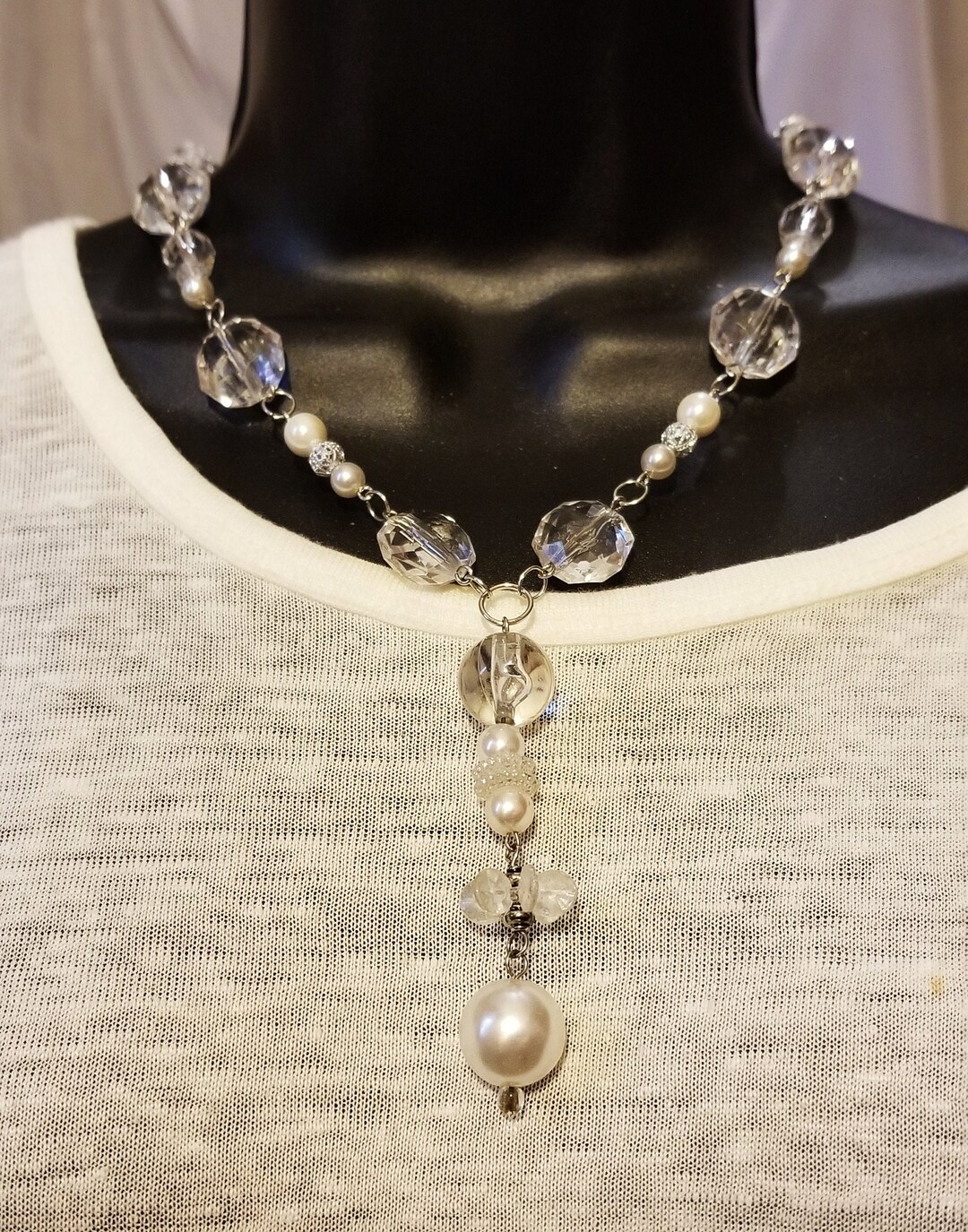 Christmas Glass Bead Necklace Pearl and Clear Beads Drop Accent Ice Princess, Frozen Icy Glass
