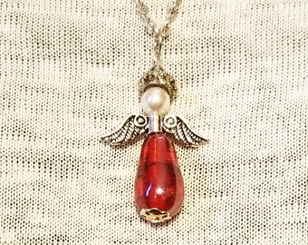 Christmas Angel Necklace, Red Christmas Necklace, Holiday Teardrop Angel Pendant Necklace, Red Angel Necklace,  Girl, Teen, Woman
