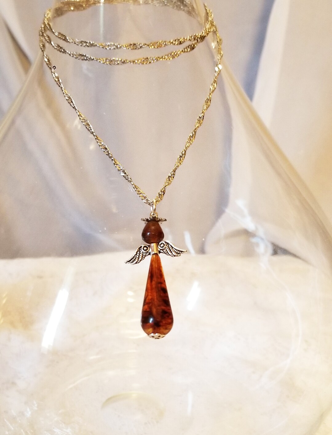 Christmas Brown Angel Necklace Handmade Holiday Teardrop Pendant With