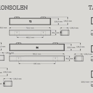 Op de afbeelding: Diagram van wandconsoles en tafelbladen met afmetingen in millimeters. Het diagram bevat rechthoekige vormen met labels zoals 36, 72, 48, 96, 60, 24 en 12, die de maten aangeven. De tekst "WANDKONSOLEN" en "TABLETTS" is ook aanwezig.