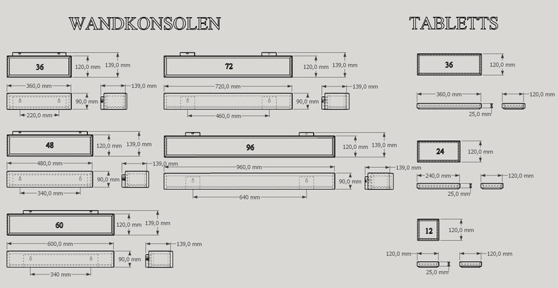 Op de afbeelding: Diagram van wandconsoles en tafelbladen met afmetingen in millimeters. Het diagram bevat rechthoekige vormen met labels zoals 36, 72, 48, 96, 60, 24 en 12, die de maten aangeven. De tekst "WANDKONSOLEN" en "TABLETTS" is ook aanwezig.