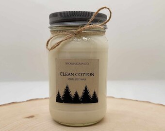 Clean cotton scented soy wax candle, Handmade, 16 oz. mason jar candle, Cotton wick