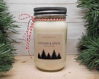 Ginger & Spice scented soy wax candle, Handmade 16 oz. mason jar candle, Cotton wick