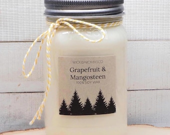 Grapefruit and mangosteen scented soy wax candle, Handmade 16 oz mason jar candle