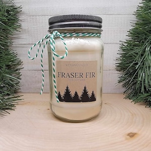Fraser fir scented soy wax candle, Highly scented 16 oz. mason jar candle, Christmas decor
