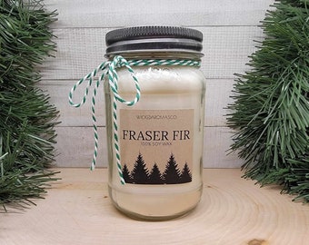 Fraser fir scented soy wax candle, Highly scented 16 oz. mason jar candle, Cotton wick,  Holiday candle