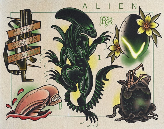 Crawling Xenomorph Alien Traditional Tattoo Flash Art Print - Etsy