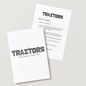 May include: Two white cards with the text "THE TRAITORS" in a bold, textured font. One card reads "PARTY SCRIPT + PRINT CUTS." The other card lists "WHAT YOU NEED" for the game, including the number of players and materials.