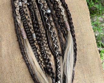 Mixed Brown braids with viking dreadlocks • Clip in or Ponytail • Light Brown Hair • Various Hair Colors
