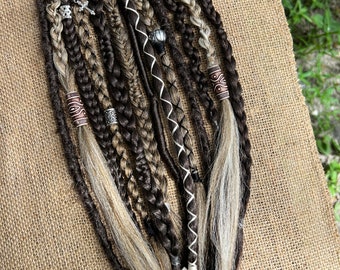 Mixed Brown braids with viking dreadlocks • Clip in or Ponytail • Light Brown Hair • Various Hair Colors