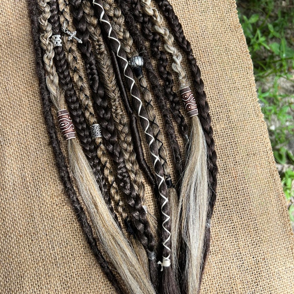 Mixed Brown braids with viking dreadlocks • Clip in or Ponytail • Light Brown Hair • Various Hair Colors