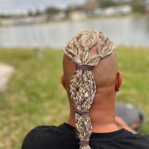 May include: A person with a braided ponytail hairstyle. The braids are tied together with brown elastic bands and have silver beads. The braids are blonde and brown.